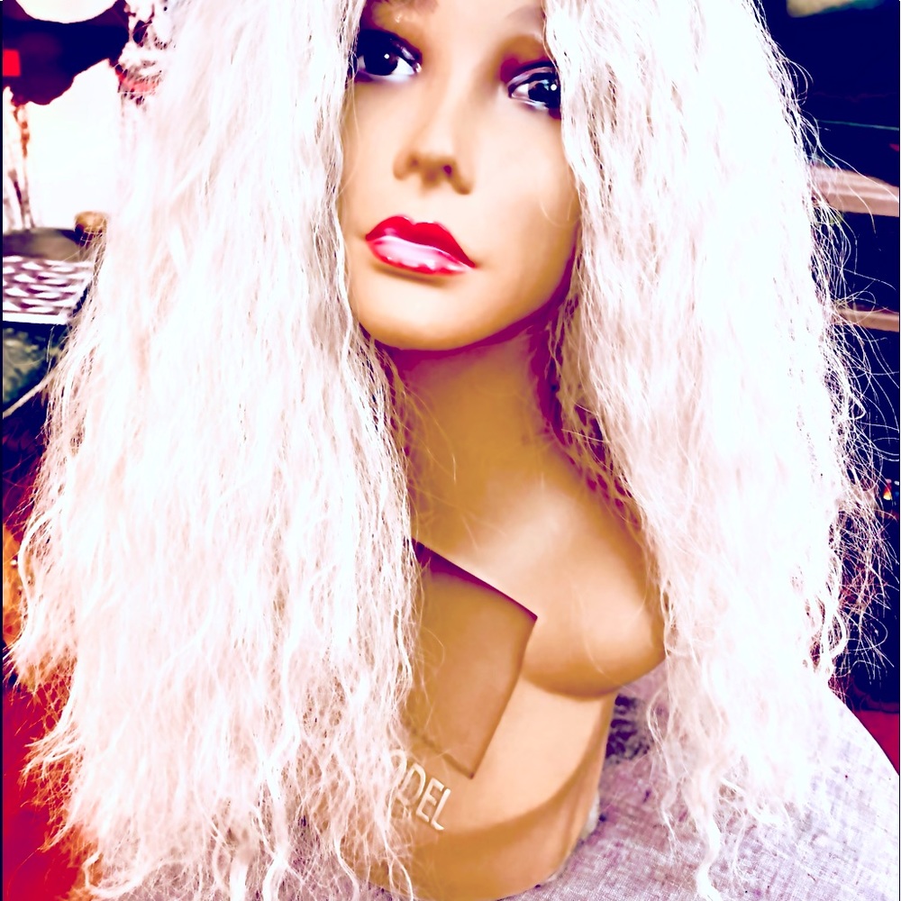 Platinum blonde/white huge curly wig, drag wig, performer,synthetic, lacefront